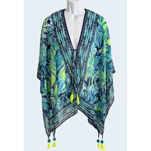 Lilly Pulitzer Poncho Cover Up OS Tassel Kimono Tropical Palm Print 27507